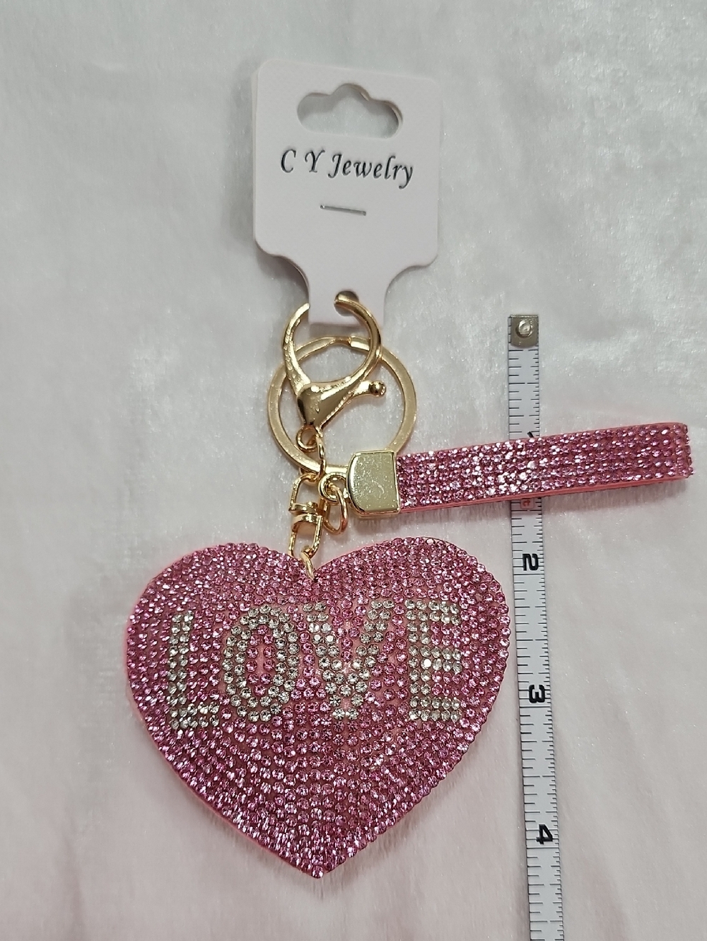 CY Jewelry Stuffed Pink Heart Keychain Bag Charm. Front Has Pink/Clear Crystals. - Picture 2 of 4